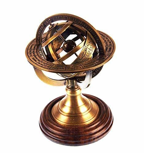 Ares India 5 Nautical Brass Armillary Sphere World Globe Rosewood Base Table