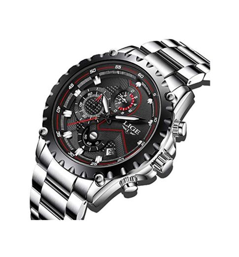LIGE Relojes para Hombre Negro Acero Inoxidable Moda Reloj Deportes Impermeable Gran Esfera Cronógrafo Reloj Militar Plata Fecha