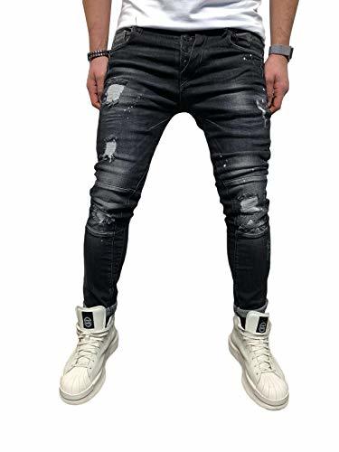 Product BMEIG Jeans Ajustados Hombre Rotos Pantalones de Mezclilla Elásticos Slim Fit Ripped