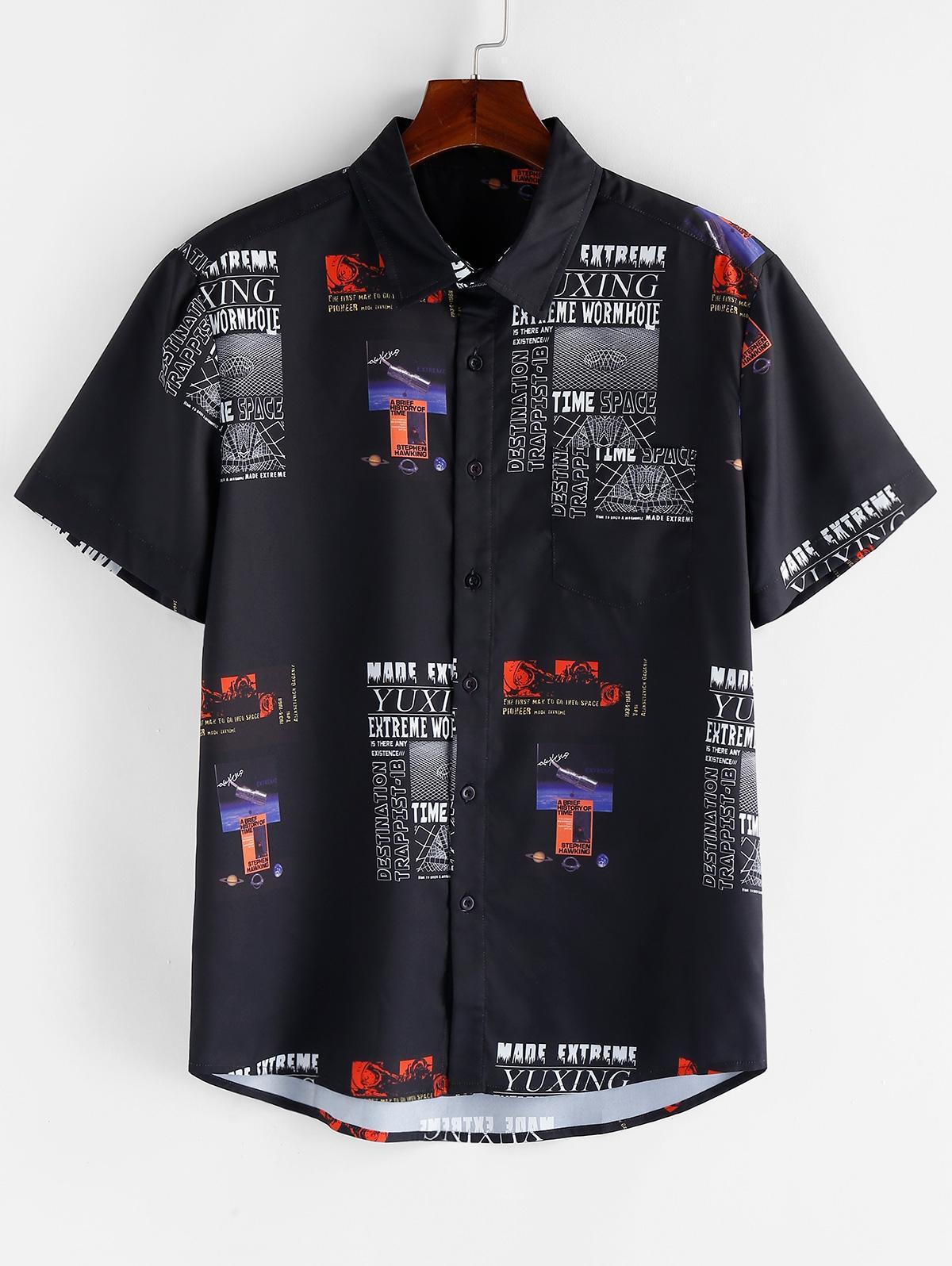 Fashion Carta Padrão Gráfico Mangas Curtas Camisa - Preto L