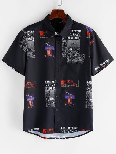 Carta Padrão Gráfico Mangas Curtas Camisa - Preto L