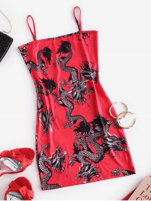 Moda Mini Vestido Cami Oriental Com Impressão De Dragão - Vermelh