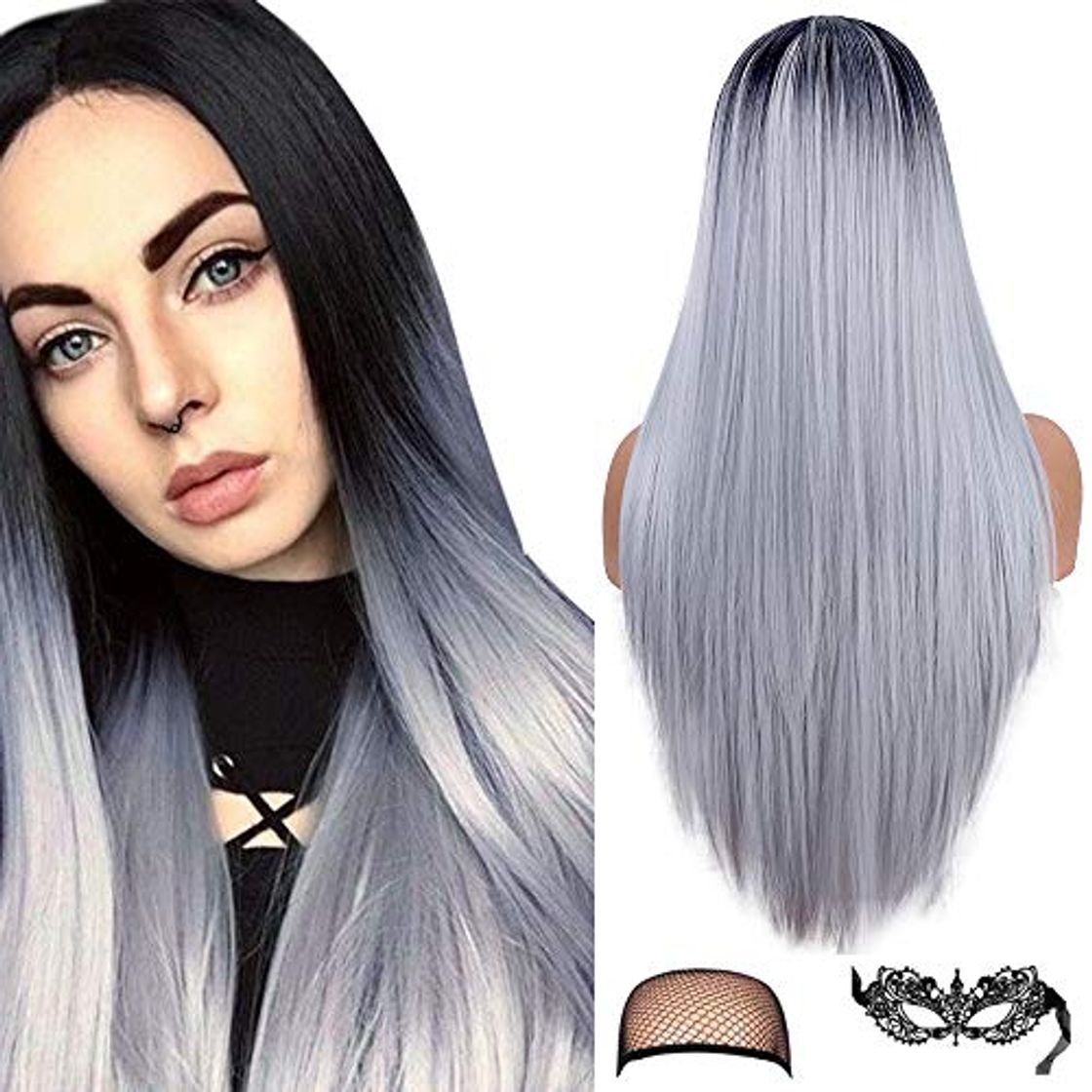 Producto Peluca Gris para Mujeres Ombre Sedosa Peluca de Pelo Largo Liso Línea Natural Parte Media 22 pulgadas Peluca Sintética Fiesta Halloween Disfraz Para Mujeres