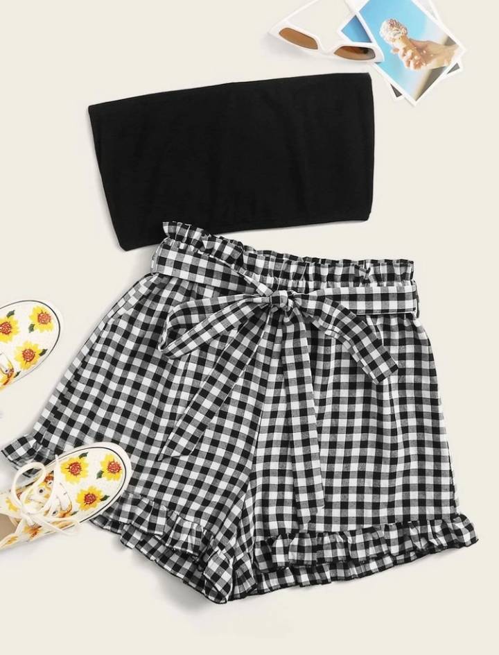 Producto Conjunto Top Tubo Corto Con Shorts De Guingán Con Cinturón 