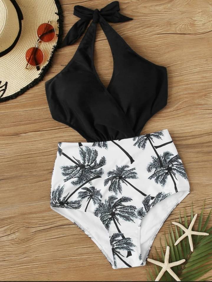 Social Monokini De Cintura Con Abertura Tropical Halter Cruzado

