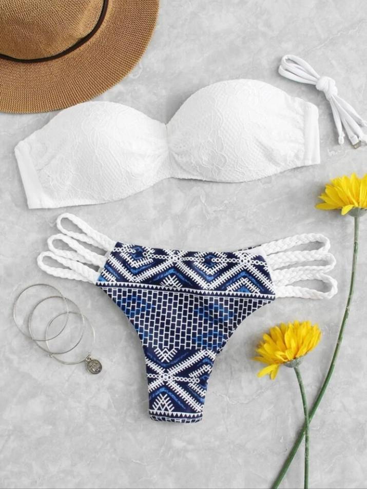 Productos Conjunto De Bikini Con Patrón Geométrico Con Encaje

