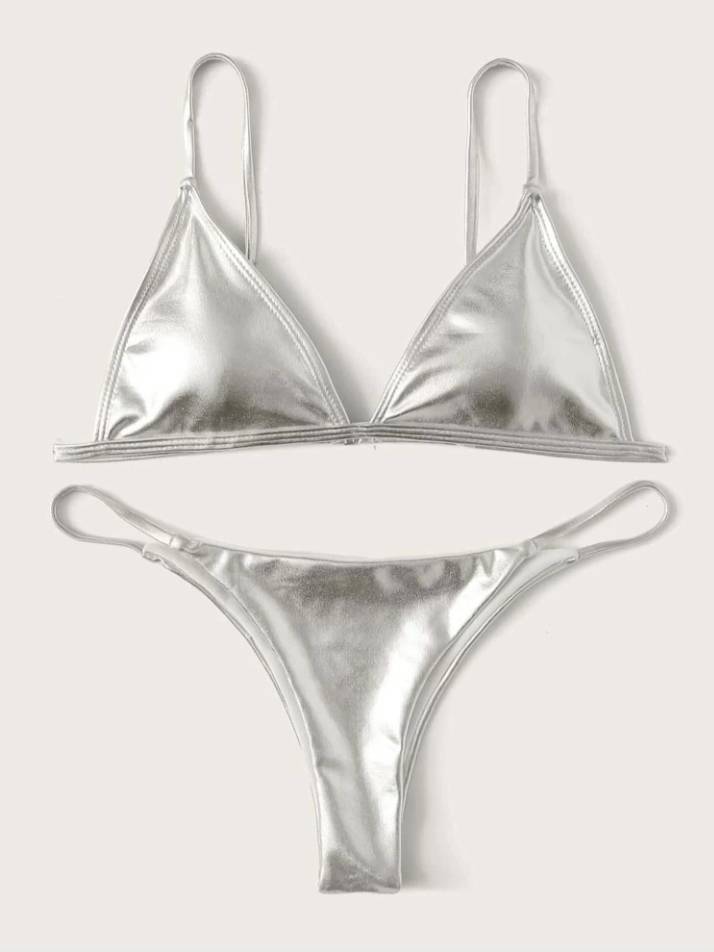 Producto Conjunto De Bikini Top Triángulo De Color Metálico Con Tanga