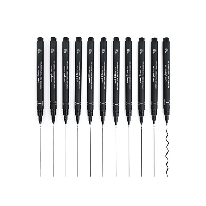 Producto Uni Pin Fineliner Stylo à dessin - Ensemble complet de 11 niveaux - Noir d'encre