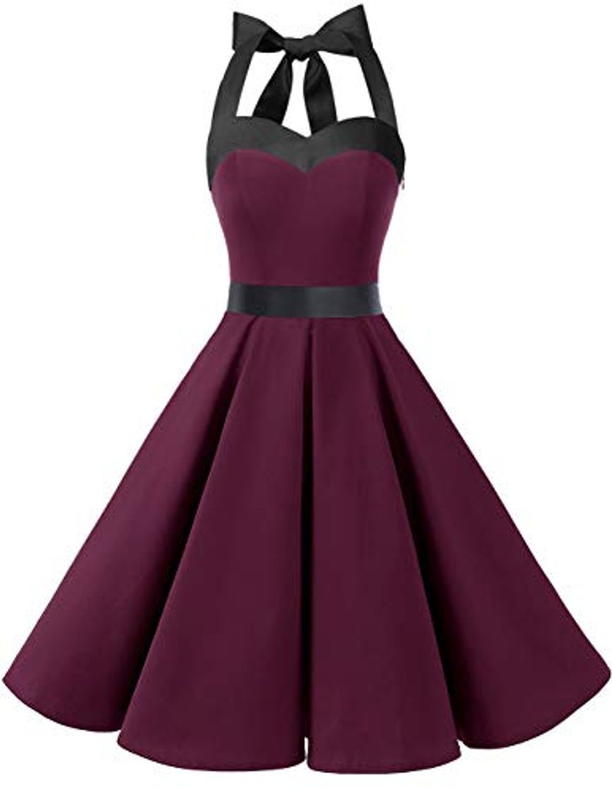 Fashion Dresstells® Halter 50s Rockabilly Polka Dots Audrey Dress Retro Cocktail Dress Burgundy Black XS