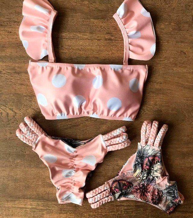 Moda biquíni rosa c/ bolinhas 👙