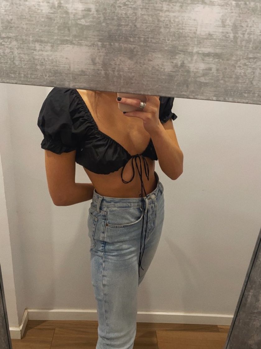 Fashion Tie Front Ruched Puff Sleeve Crop Top