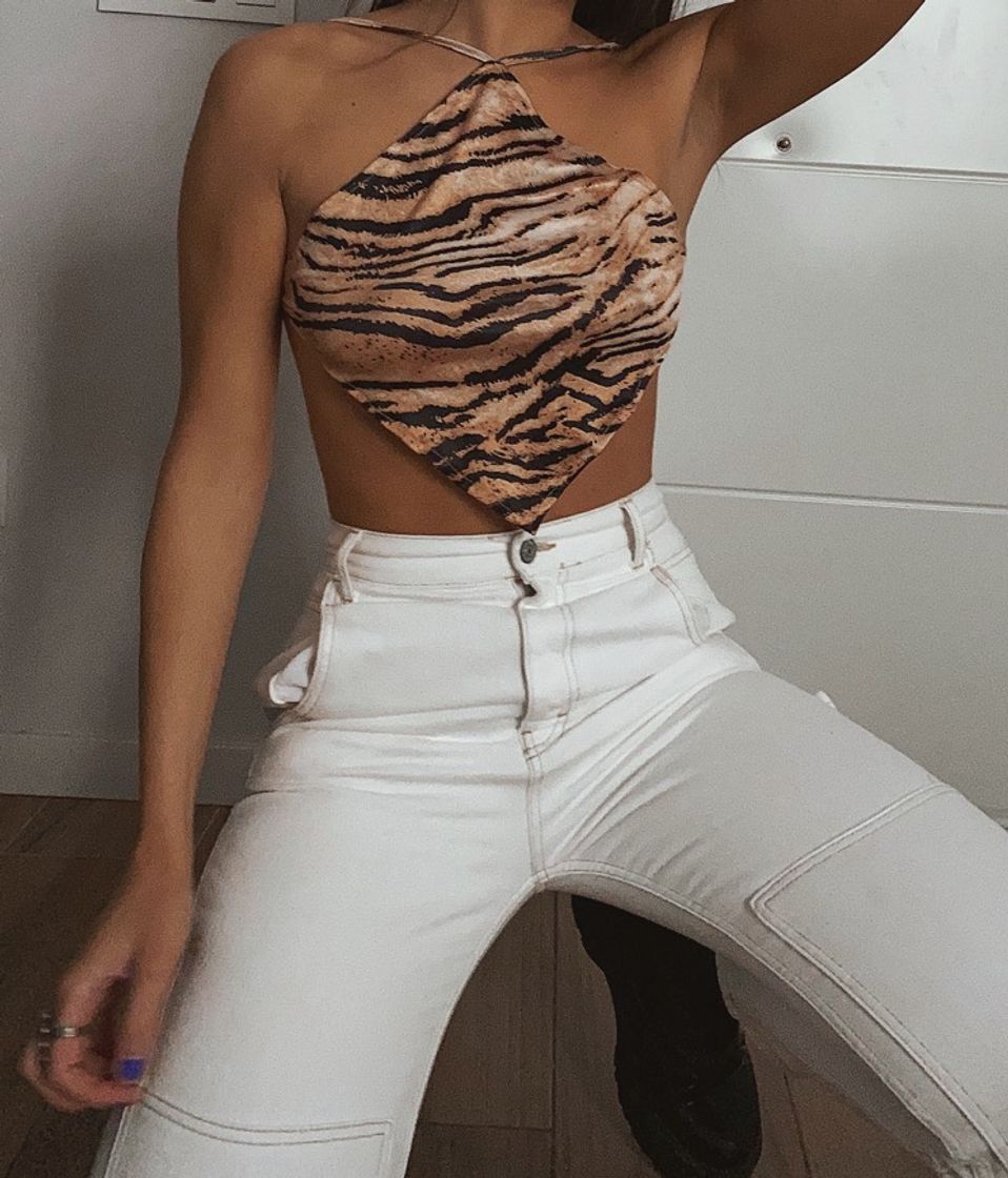 Moda Tiger Print Self-Tie Halter Bandana Top