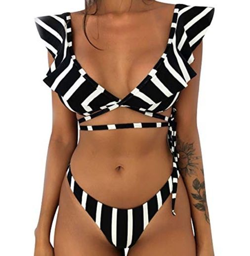 Bikini de Volantes Triangulo Push Up Mujer Trajes de Baño Flores de Dos Piezas Biquini Brasileño Rayas Vikini Bikinis Brasileña Señora Bañador Piscina Playa Mujeres Bañadores Natacion Blanco Negro M