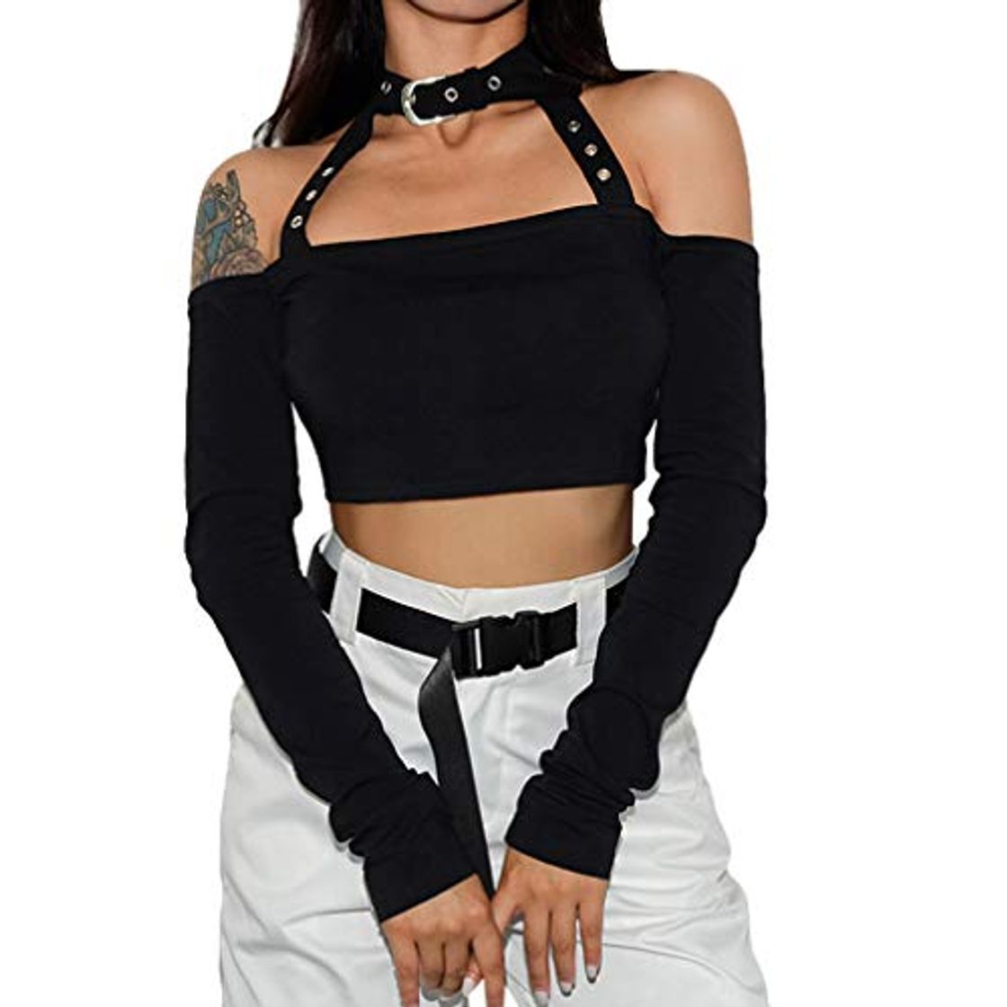 Producto Juleya Gothic Punk Choker Halter Camiseta Mujeres Fuera del Hombro Camiseta Sexy