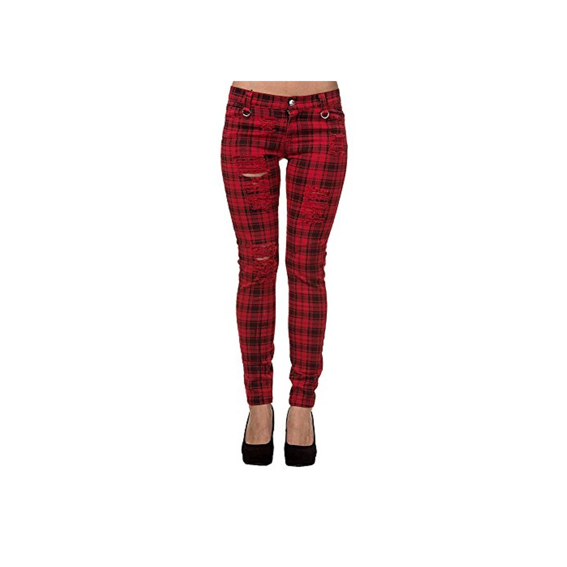 Productos Banned Apparel Red Move On Up Gothic Punk Skinny Jeans Trousers Red Tartan