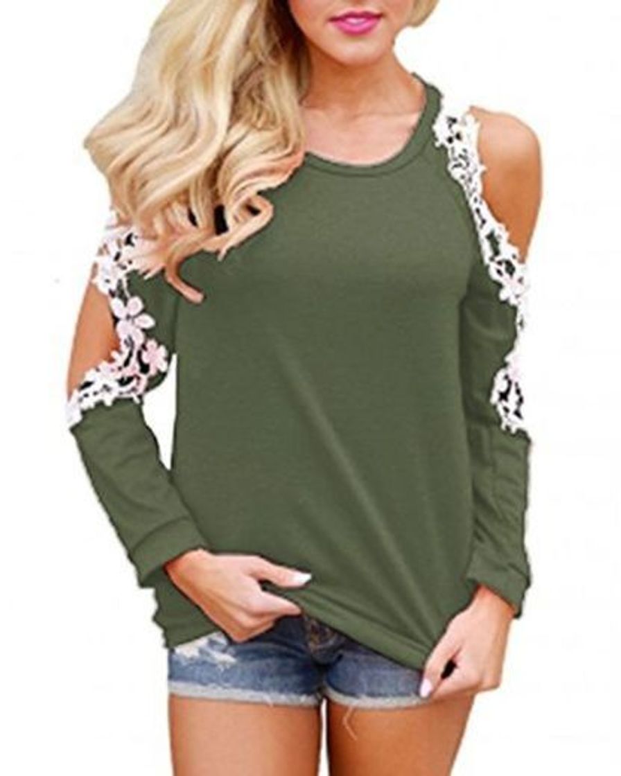 Products StyleDome Mujer Camiseta Otoño Encaje Mangas Largas Hombros Descubiertos Cuello Redondo Elegante Casual Top Verde Oscuro M