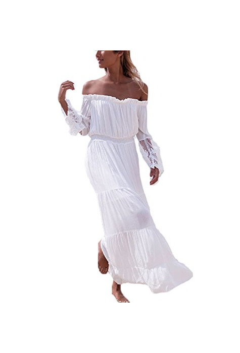 Producto Vestidos Mujer Verano De Fiesta Blancos Encaje Splicing Manga Larga Cuello Barco