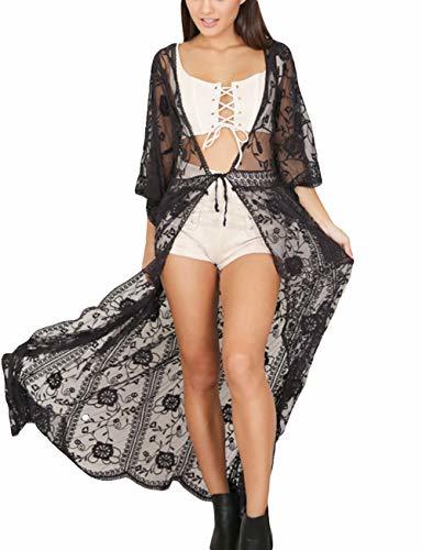 Products Bsubseach Mujer Kimono Cárdigan de Encaje Negro Transparente Traje de Baño Cubrir