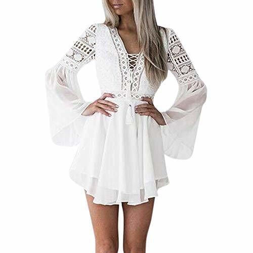 Social TOPKEAL Vestido de Manga Larga de Encaje Sexy para Mujer Atractivo Vestido