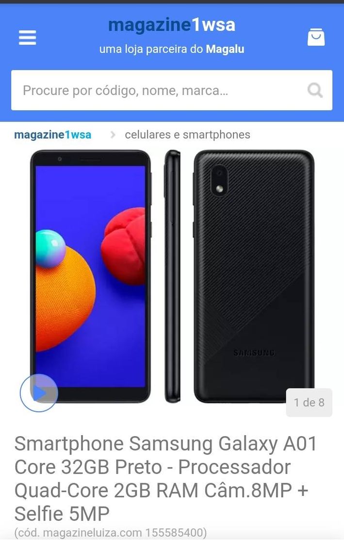 Product ￼

Smartphone Samsung Galaxy A01 Core 32GB Preto 