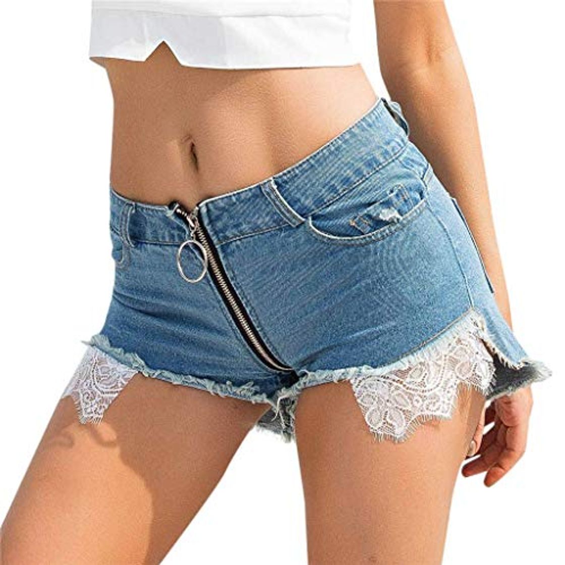 Moda Gusspower Pantalones Cortos Rotos para Mujer Sexy Vaqueros Short Mujer Cintura Alta Verano Jeans Cremallera de Encaje Deporte Elástico Hot Jeans Denim Elástico Mezclillade