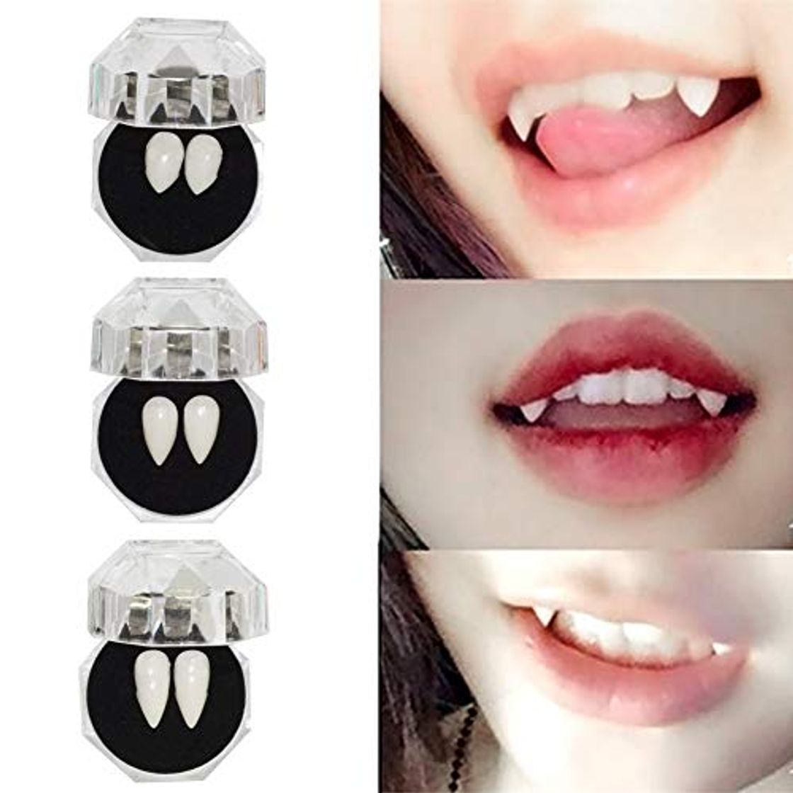 Product Mallalah 3PCS Dientes de Vampiros para Fiesta de Halloween Dentaduras White Vampire Teeth Fangs Tooth Caps Decoraciones de Halloween