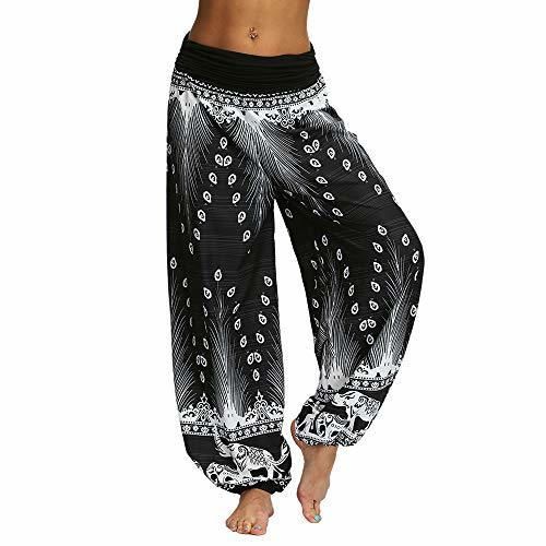 Nuofengkudu Mujeres Hippies Pantalones Largos Cintura Alta Boho Flores Impreso Suelto Yoga