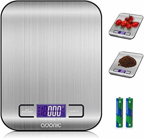 ADORIC Báscula Digital para Cocina de Acero Inoxidable, 5kg / 11 lbs,