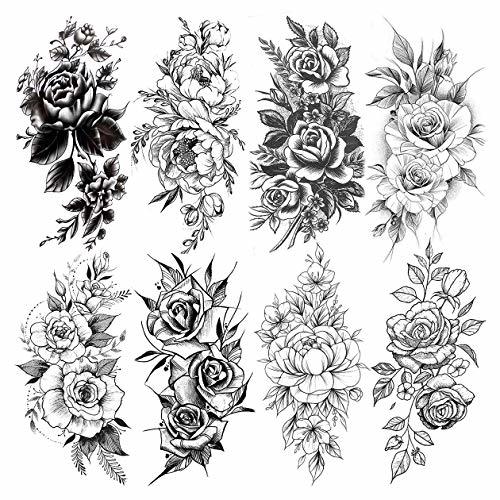 Product LAROI 8 Hojas Grande Rosa Tatuajes Temporales Flor Realista Peonía Pegatinas Cuerpo