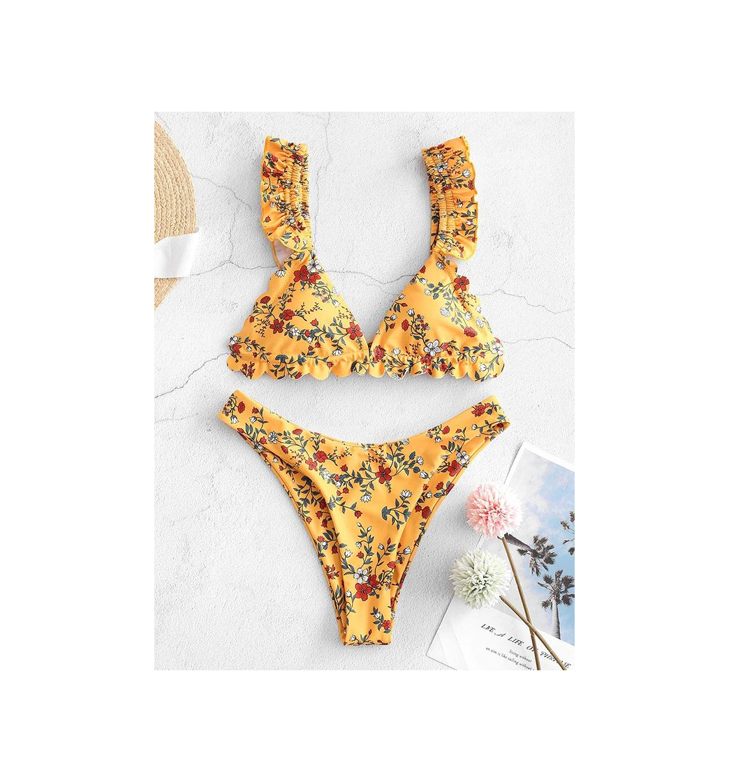 Moda ZAFUL - Bikini de corte alto con volantes y flores para mujer