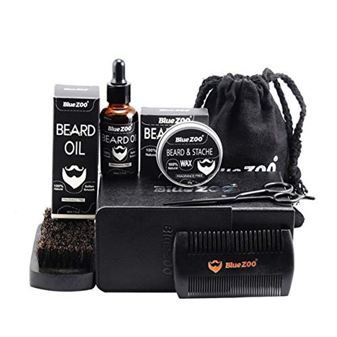 Products BIYI Black Bluezoo Beard Set Barba Aceite Barba Cera Cepillo de doble cara Bolsa de cepillos Tijeras pequeñas Juego de 7 piezas negro