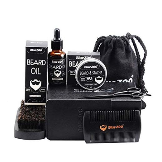 BIYI Black Bluezoo Beard Set Barba Aceite Barba Cera Cepillo de doble cara Bolsa de cepillos Tijeras pequeñas Juego de 7 piezas negro