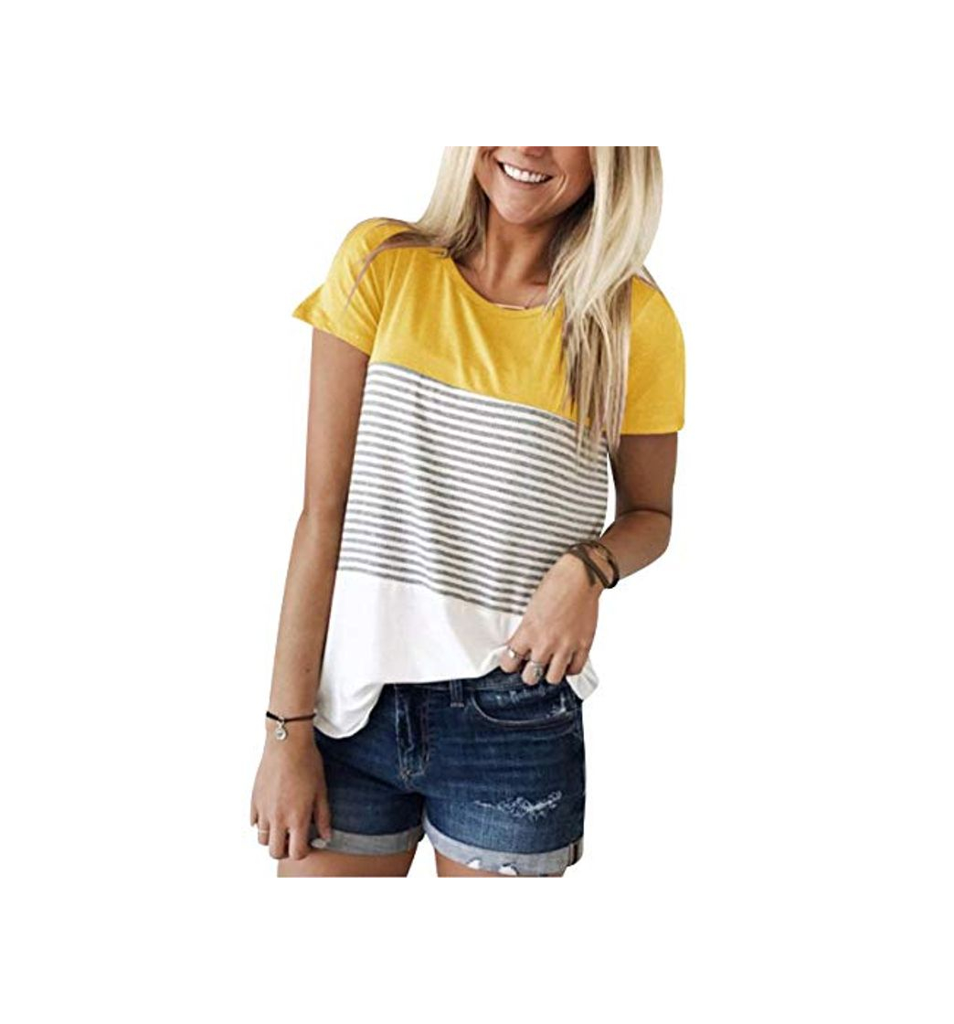 Product Camiseta Rayas Mujer Camisetas Manga Corta Mujeres Basicas Anchas Estampadas Tops Chica Verano Top Damas Casual Bonitas Remeras Largas Playeras Camisas Señora Blusas Amplias Amarillo M