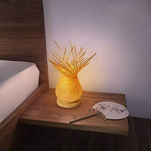 BarcelonaLED Lámpara de mesa Vintage pantalla en mimbre bambú trenzada rústica