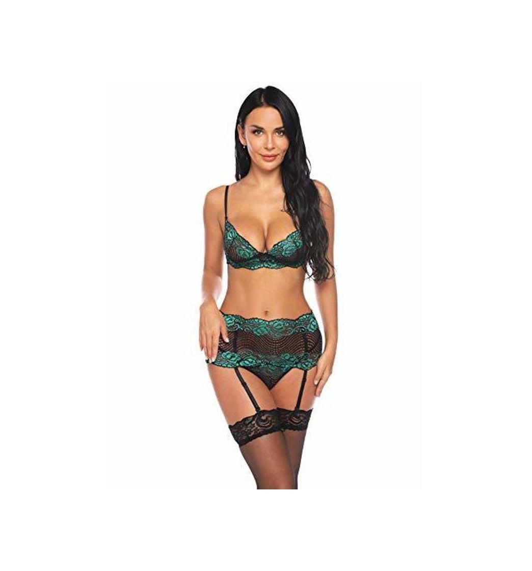 Social Sykooria Conjunto de Lencería Sexy Hueca Tirantes de Encaje Transparente Sujetadores Push