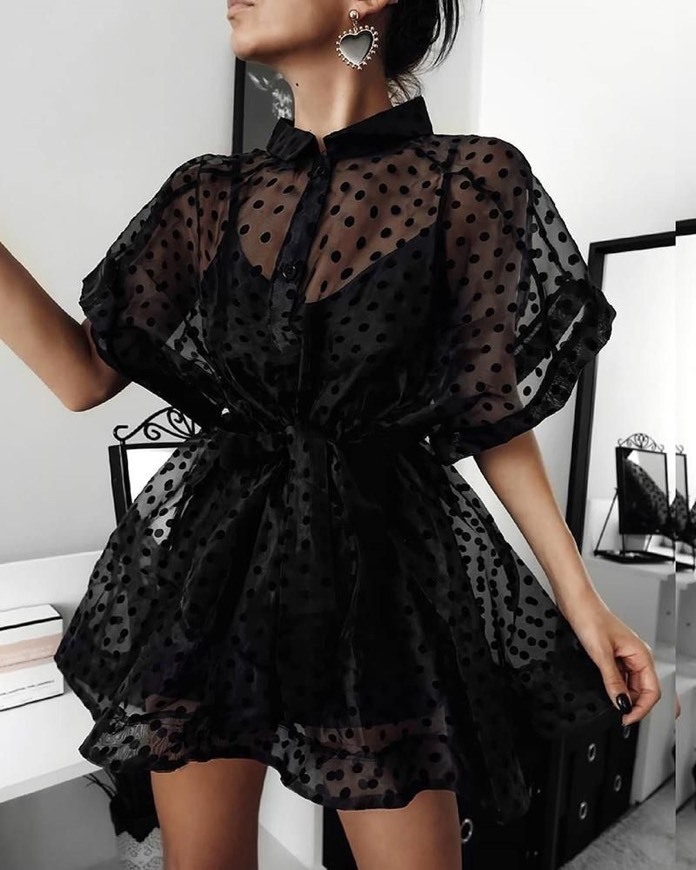 Fashion Dot Print Semi Sheer Buttoned Blouse