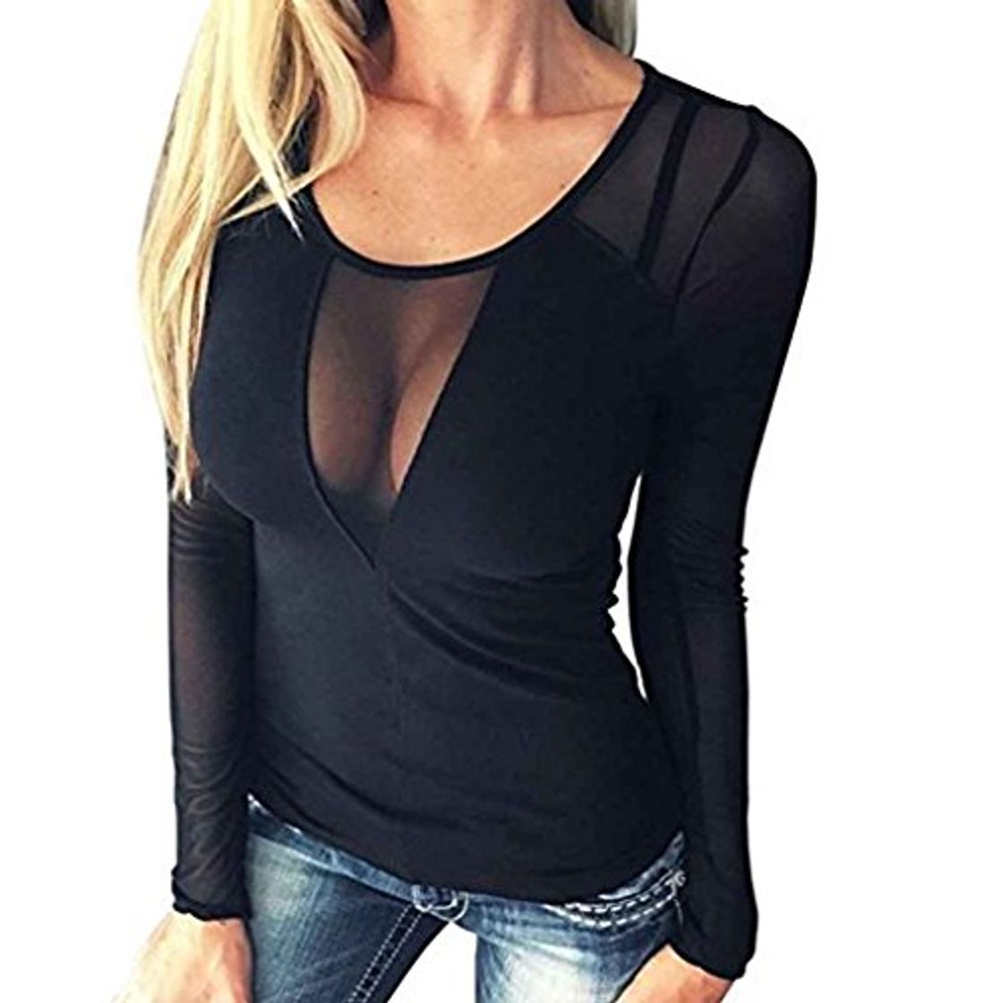 Fashion Mengonee Mujeres Sexy Mesh Sheer Patchwork Neck Clubwear Top Blusa Tops de Manga Larga de Color Puro Camisas