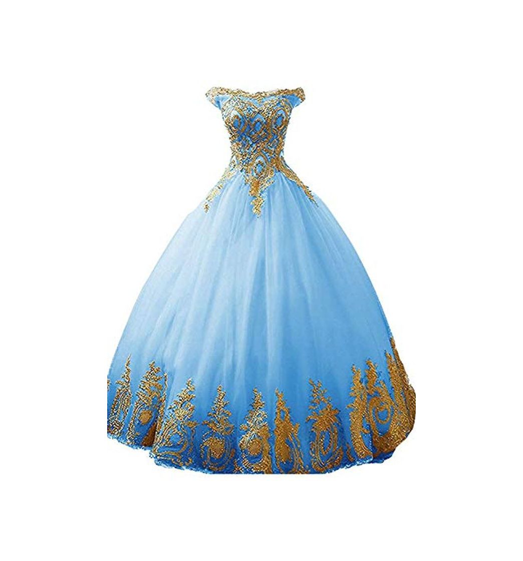 Moda Stillluxury - Vestido de fiesta de quinceañera de tul con apliques dorados