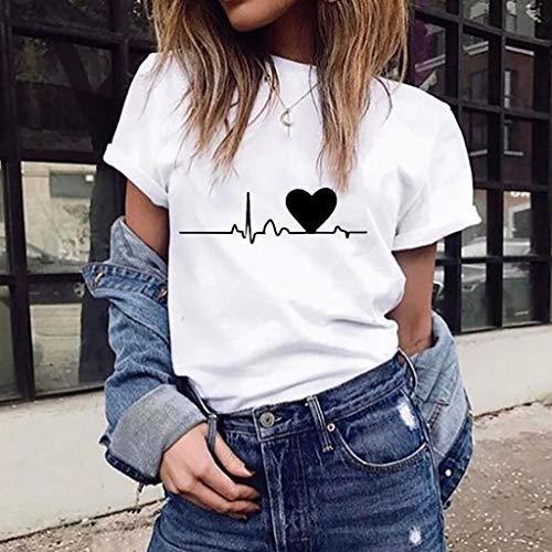 Fashion Camiseta de Mujer Manga Corta Corazón Impresión Blusa Camisa Cuello Redondo Basica