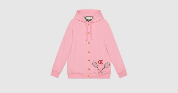 Moda Pink Cotton Hooded Sweatshirt With Gucci Tennis | GUCCI ...