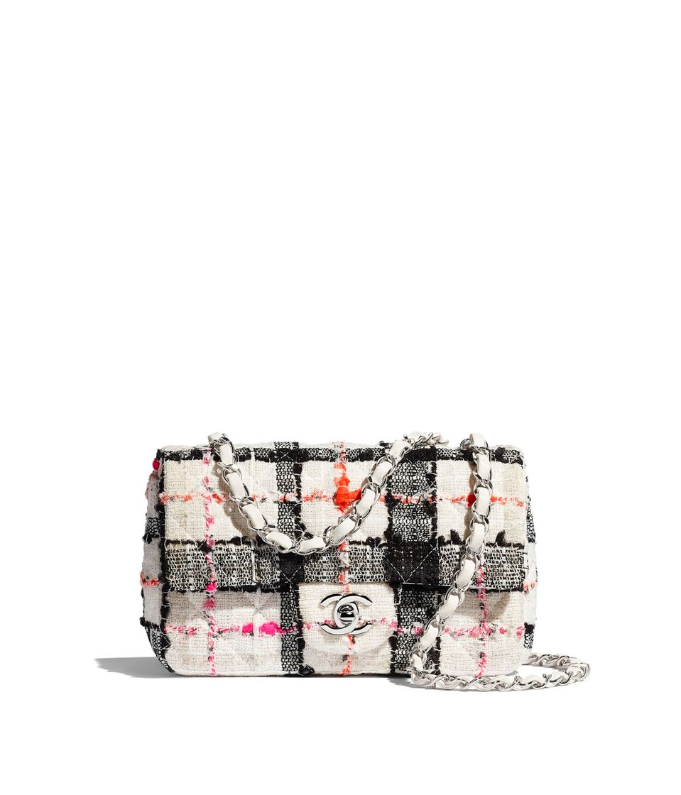 Fashion Bolso mini con solapa, tweed y metal plateado, blanco, negro, rosa ...