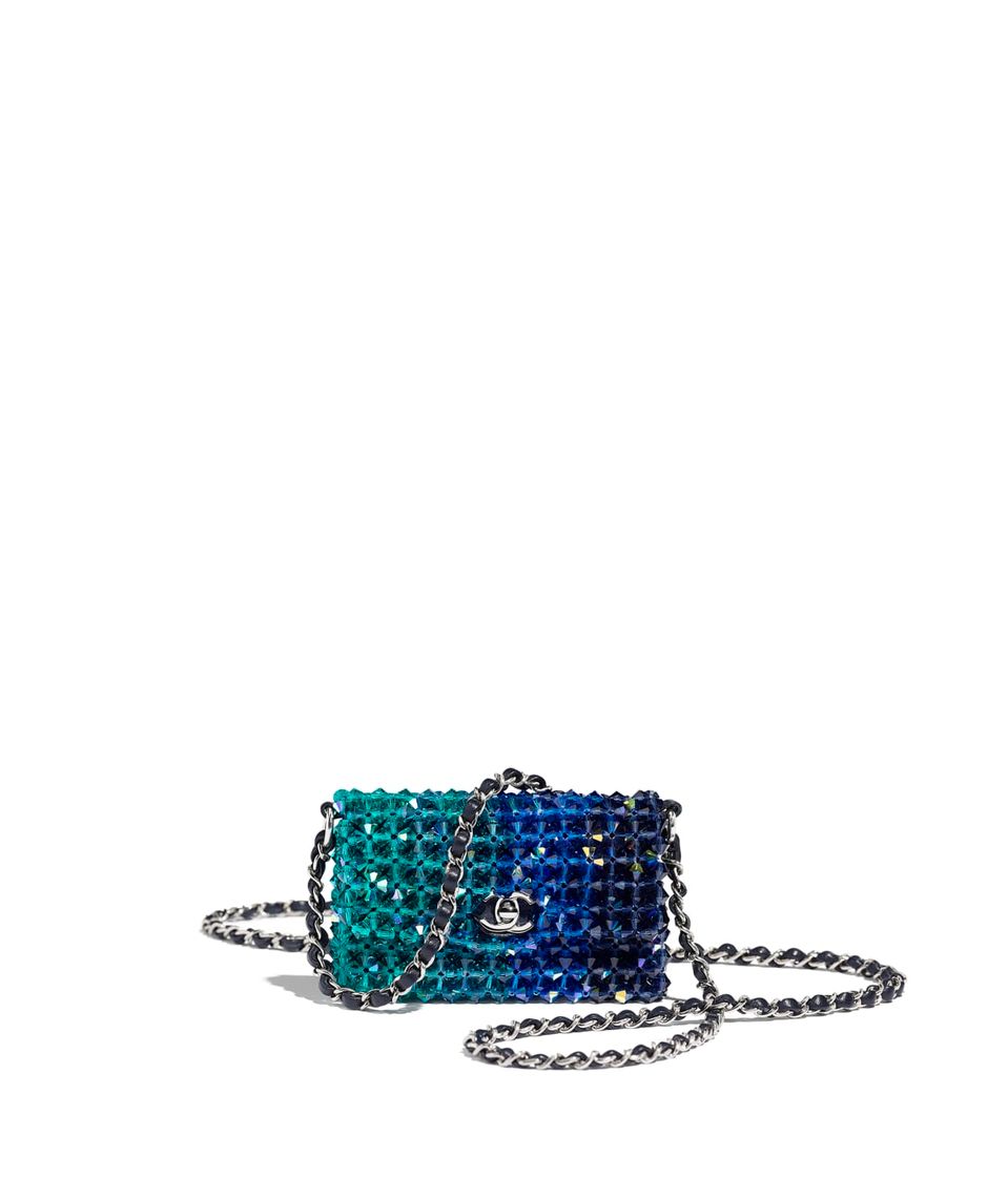 Fashion Bolso mini con solapa, cristal y metal plateado, azul marino - CHANEL