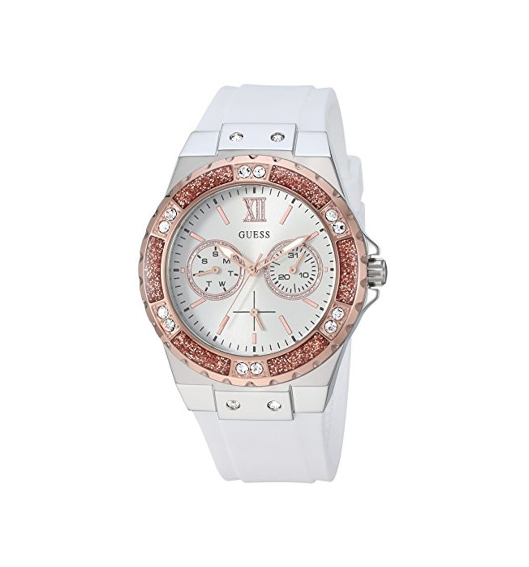 Social GUESS Women's Stainless Steel Silicone Crystal Accented Watch, Color: White/Silver/Rose Gold-Tone