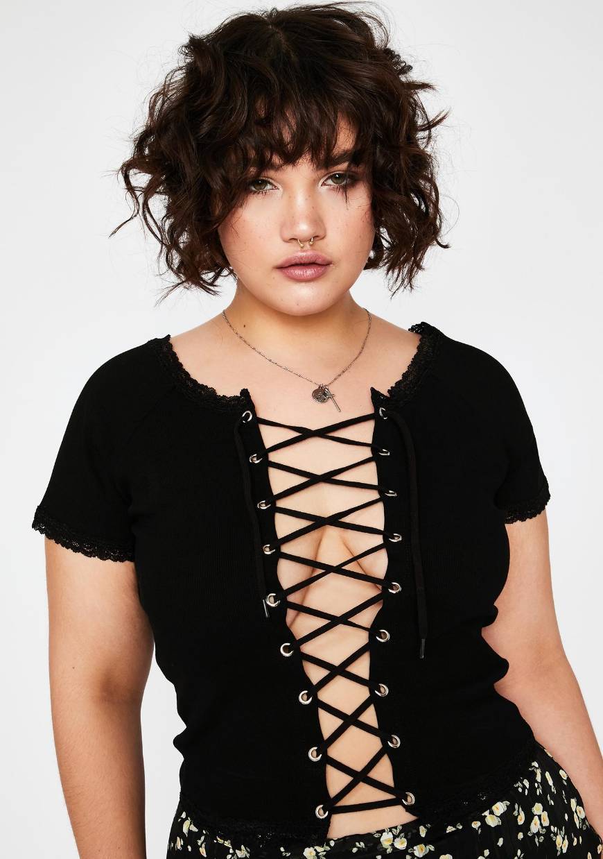 Moda Plus Size Current Mood Lace Up Baby Tee - Black | Dolls Kill