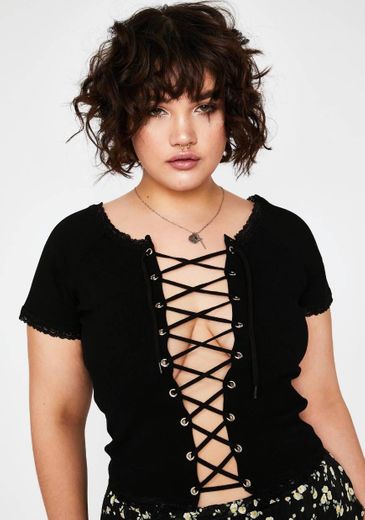 Plus Size Current Mood Lace Up Baby Tee - Black | Dolls Kill