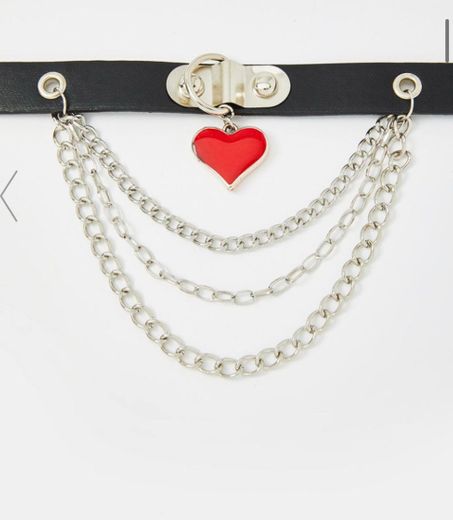 Heart Chain Faux Leather Choker - Black Red | Dol