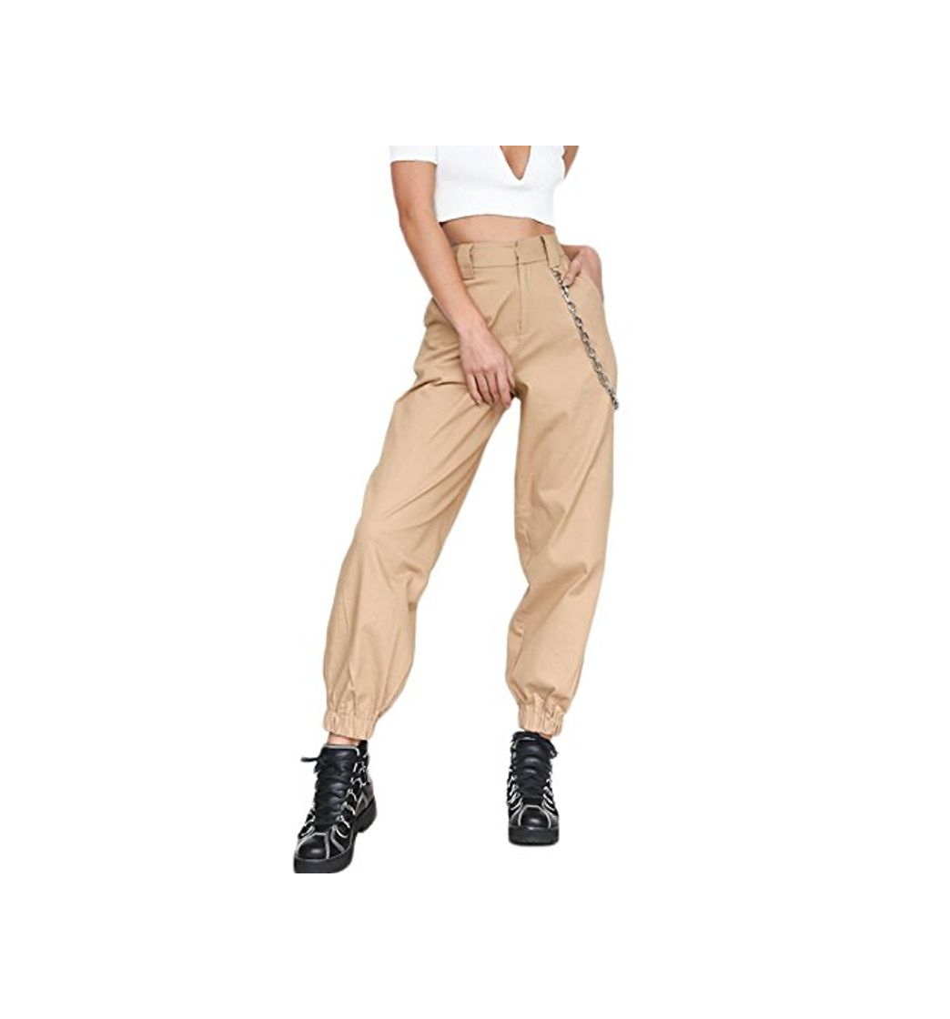 Moda YACUN Mujer Casual Pantalones Cargo Pantalon Hip Hop Jogger con Cadena Danza Streetwear Boyfriend Harem Khaki S