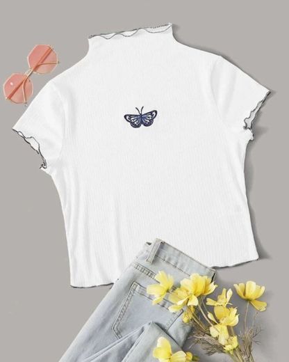 Camiseta tejida de canele con bordado de mariposa 🦋 