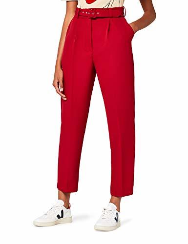 Productos Marca Amazon - find. Pantalón con Cinto Talle Alto Mujer, Rojo