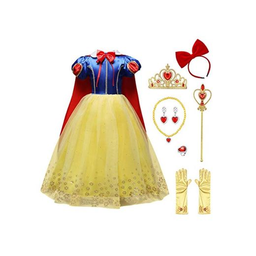 OBEEII Blancanieves Disfraz con Capa 9 Piezas Carnaval Capa Corona Varita Mágica